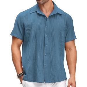 imageCOOFANDY Mens Cuban Linen Shirt Short Sleeve Summer Beach Guayabera ShirtsBlue Cotton Fabric  Linen Texture