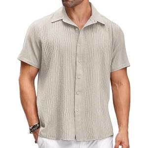 imageCOOFANDY Mens Cuban Linen Shirt Short Sleeve Summer Beach Guayabera ShirtsGrey Cotton Fabric  Linen Texture