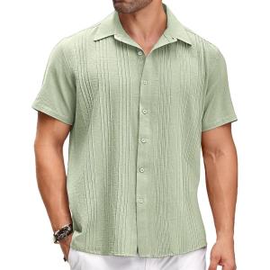 imageCOOFANDY Mens Cuban Linen Shirt Short Sleeve Summer Beach Guayabera ShirtsLight Green Cotton Fabric  Linen Texture