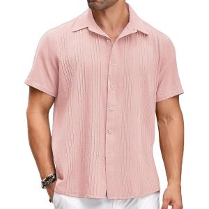 imageCOOFANDY Mens Cuban Linen Shirt Short Sleeve Summer Beach Guayabera ShirtsLight Red Cotton Fabric  Linen Texture
