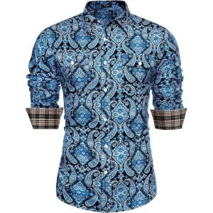 imageCOOFANDY Mens Paisley Printed Shirts Casual Long Sleeve Button Down Shirts Floral Dress Shirt with PocketsBlack Blue