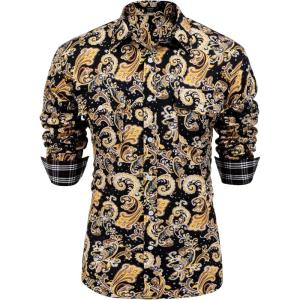 imageCOOFANDY Mens Paisley Printed Shirts Casual Long Sleeve Button Down Shirts Floral Dress Shirt with PocketsBlackyellow