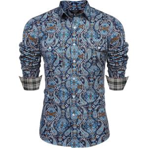 imageCOOFANDY Mens Paisley Printed Shirts Casual Long Sleeve Button Down Shirts Floral Dress Shirt with PocketsBlue