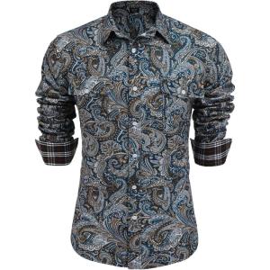 imageCOOFANDY Mens Paisley Printed Shirts Casual Long Sleeve Button Down Shirts Floral Dress Shirt with PocketsDark Blue