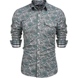 imageCOOFANDY Mens Paisley Printed Shirts Casual Long Sleeve Button Down Shirts Floral Dress Shirt with PocketsGreen