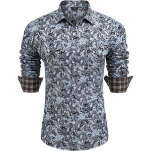 imageCOOFANDY Mens Paisley Printed Shirts Casual Long Sleeve Button Down Shirts Floral Dress Shirt with PocketsLight Blue