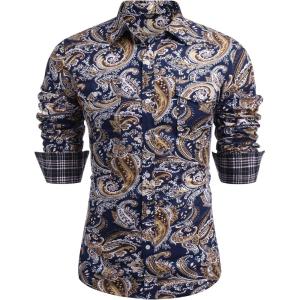 imageCOOFANDY Mens Paisley Printed Shirts Casual Long Sleeve Button Down Shirts Floral Dress Shirt with PocketsNavy Blue