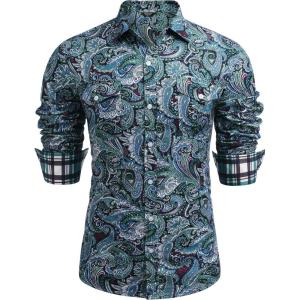 imageCOOFANDY Mens Paisley Printed Shirts Casual Long Sleeve Button Down Shirts Floral Dress Shirt with PocketsPeacock Green