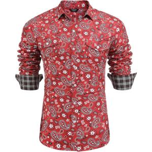 imageCOOFANDY Mens Paisley Printed Shirts Casual Long Sleeve Button Down Shirts Floral Dress Shirt with PocketsRed Paisley