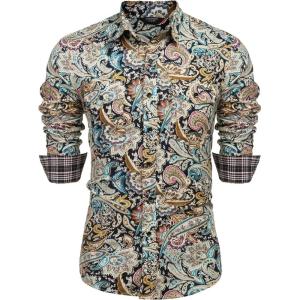 imageCOOFANDY Mens Paisley Printed Shirts Casual Long Sleeve Button Down Shirts Floral Dress Shirt with PocketsYellow