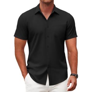 imageCOOFANDY Mens Short Sleeve Button Down Shirts Casual Dress Shirt WrinkleFree Untucked Summer ShirtsBlack