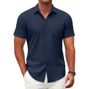 imageCOOFANDY Mens Short Sleeve Button Down Shirts Casual Dress Shirt WrinkleFree Untucked Summer ShirtsDark Blue