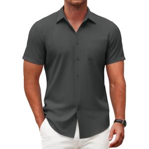 imageCOOFANDY Mens Short Sleeve Button Down Shirts Casual Dress Shirt WrinkleFree Untucked Summer ShirtsDark Gray