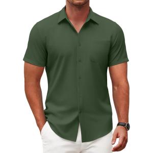 imageCOOFANDY Mens Short Sleeve Button Down Shirts Casual Dress Shirt WrinkleFree Untucked Summer ShirtsDark Green