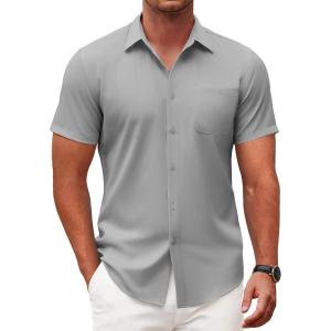 imageCOOFANDY Mens Short Sleeve Button Down Shirts Casual Dress Shirt WrinkleFree Untucked Summer ShirtsLight Gray