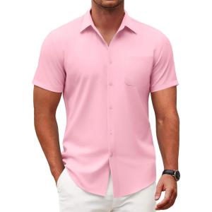 imageCOOFANDY Mens Short Sleeve Button Down Shirts Casual Dress Shirt WrinkleFree Untucked Summer ShirtsPink