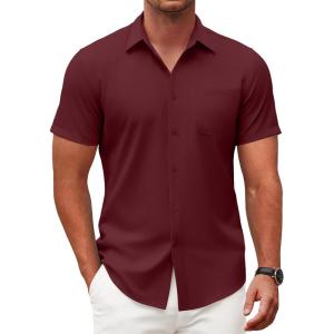 imageCOOFANDY Mens Short Sleeve Button Down Shirts Casual Dress Shirt WrinkleFree Untucked Summer ShirtsWine Red