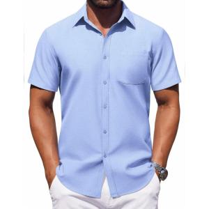 imageCOOFANDY Mens Button Down Short Sleeve Shirt Casual Dress Shirt Untucked Summer Shirts with PocketSky Blue
