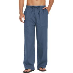 imageCOOFANDY Mens Casual Linen Pants Elastic Waist Linen Pants Drawstring Summer Beach Yoga Linen TrouserA Denim Blue