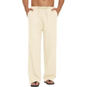 imageCOOFANDY Mens Casual Linen Pants Elastic Waist Linen Pants Drawstring Summer Beach Yoga Linen TrouserA Light Khaki