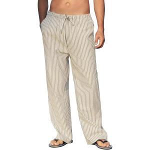 imageCOOFANDY Mens Casual Linen Pants Elastic Waist Linen Pants Drawstring Summer Beach Yoga Linen TrouserStriped Khaki