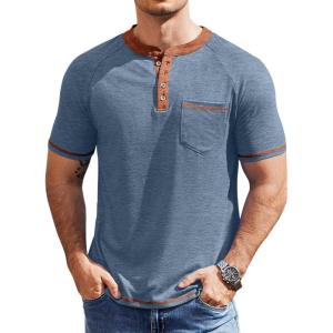 imageCOOFANDY Mens Henley Shirts Short Sleeve Casual Button TShirts Basic Tee Shirts Summer Vintage T Shirts with PocketDark BlueCaramel