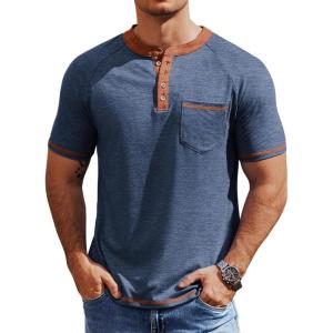 imageCOOFANDY Mens Henley Shirts Short Sleeve Casual Button TShirts Basic Tee Shirts Summer Vintage T Shirts with PocketNavy BlueCaramel