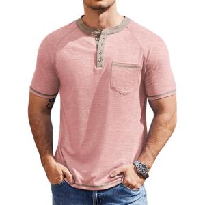 imageCOOFANDY Mens Henley Shirts Short Sleeve Casual Button TShirts Basic Tee Shirts Summer Vintage T Shirts with PocketPink