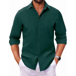 imageCOOFANDY Mens Long Sleeve Button Down Shirts Casual Untucked Dress Shirt Beach Wedding ShirtsDark Green