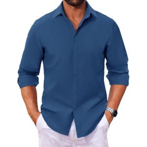 imageCOOFANDY Mens Long Sleeve Button Down Shirts Casual Untucked Dress Shirt Beach Wedding ShirtsDemin Blue