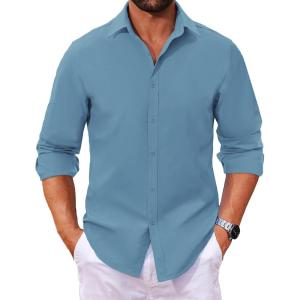 imageCOOFANDY Mens Long Sleeve Button Down Shirts Casual Untucked Dress Shirt Beach Wedding ShirtsGrey Blue