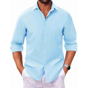 imageCOOFANDY Mens Long Sleeve Button Down Shirts Casual Untucked Dress Shirt Beach Wedding ShirtsLight Blue