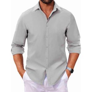 imageCOOFANDY Mens Long Sleeve Button Down Shirts Casual Untucked Dress Shirt Beach Wedding ShirtsLight Grey