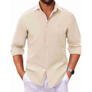 imageCOOFANDY Mens Long Sleeve Button Down Shirts Casual Untucked Dress Shirt Beach Wedding ShirtsLight Khaki