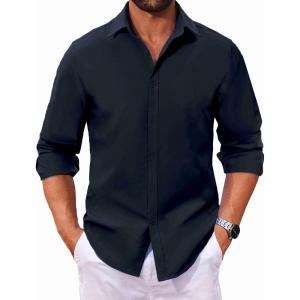 imageCOOFANDY Mens Long Sleeve Button Down Shirts Casual Untucked Dress Shirt Beach Wedding ShirtsNavy Blue