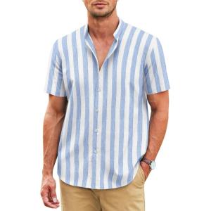 imageCOOFANDY Mens Muscle Fit Dress Shirts Banded Collar Casual Button Down ShirtsBlue Stripes