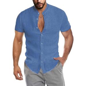 imageCOOFANDY Mens Muscle Fit Dress Shirts Banded Collar Casual Button Down ShirtsBrilliant Blue