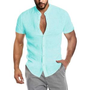 imageCOOFANDY Mens Muscle Fit Dress Shirts Banded Collar Casual Button Down ShirtsCeladon Green