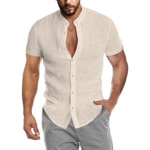 imageCOOFANDY Mens Muscle Fit Dress Shirts Banded Collar Casual Button Down ShirtsKhaki