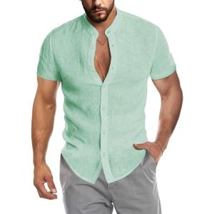 imageCOOFANDY Mens Muscle Fit Dress Shirts Banded Collar Casual Button Down ShirtsLight Green
