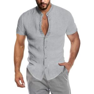 imageCOOFANDY Mens Muscle Fit Dress Shirts Banded Collar Casual Button Down ShirtsLight Grey