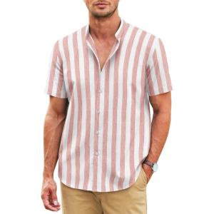 imageCOOFANDY Mens Muscle Fit Dress Shirts Banded Collar Casual Button Down ShirtsRed Stripes