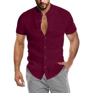 imageCOOFANDY Mens Muscle Fit Dress Shirts Banded Collar Casual Button Down ShirtsWine