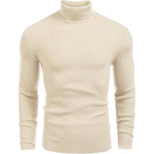 imageCOOFANDY Mens Ribbed Slim Fit Knitted Pullover Casual Turtleneck SweaterLight Apricot