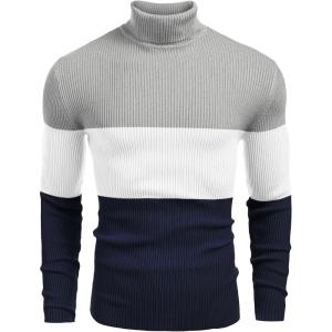 imageCOOFANDY Mens Ribbed Slim Fit Knitted Pullover Casual Turtleneck SweaterNavy  Gray