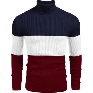 imageCOOFANDY Mens Ribbed Slim Fit Knitted Pullover Casual Turtleneck SweaterNavy  Wine Red