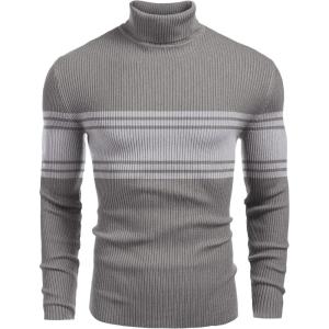 imageCOOFANDY Mens Ribbed Slim Fit Knitted Pullover Casual Turtleneck SweaterStripedgrey