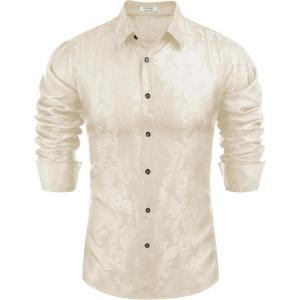imageCOOFANDY Mens Silk Satin Dress Shirt Long Sleeve Floral Printed Shirt Paisley Button Down Shirts for Wedding Party PromBeige