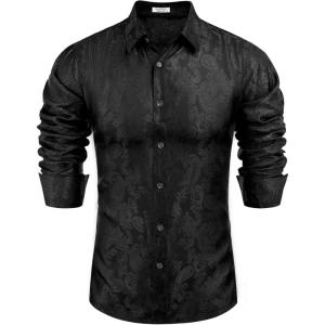 imageCOOFANDY Mens Silk Satin Dress Shirt Long Sleeve Floral Printed Shirt Paisley Button Down Shirts for Wedding Party PromBlack