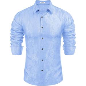 imageCOOFANDY Mens Silk Satin Dress Shirt Long Sleeve Floral Printed Shirt Paisley Button Down Shirts for Wedding Party PromBlue